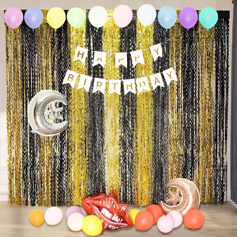 KEEUH 4 Pack Black and Gold Wavy Foil Fringe Curtains Pirthday Decorations,3.3 ft x 6.6 ft Metallic Foil Curtains Streamers for Party Photo Booth Props Background Decoration - Image 4